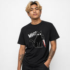 Black T-shirt featuring a cartoon cat holding a blood-spattered knife beside the distressed word “WHAT?”