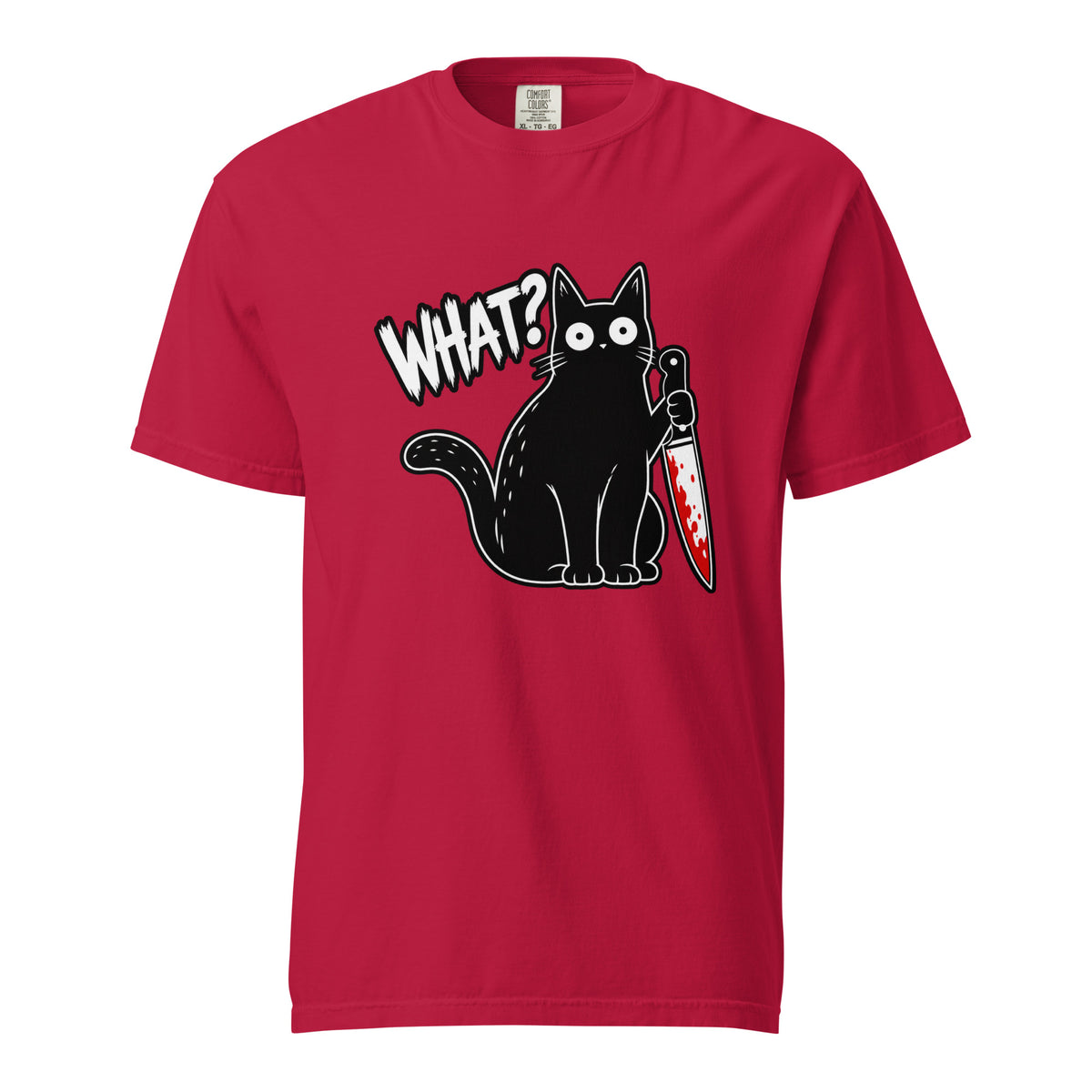 Front view of a red T-shirt featuring a black cartoon cat holding a blood-spattered knife beside the distressed word “WHAT?”