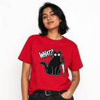 Model wearing a red T-shirt with a black cartoon cat holding a blood-spattered knife beside the distressed word “WHAT?”