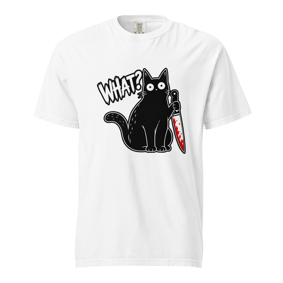 Front view of a white T-shirt with a black cartoon cat holding a blood-spattered knife beside the distressed word “WHAT?”