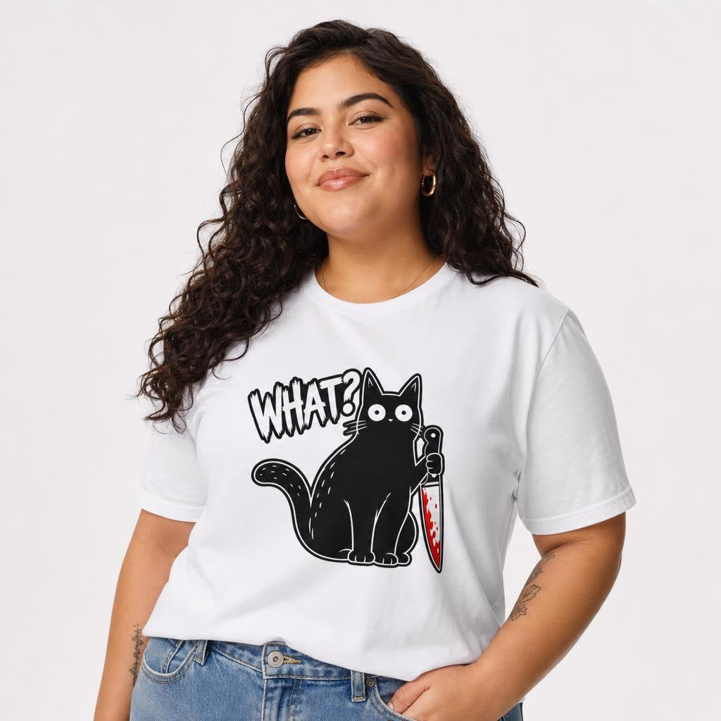 Model wearing a white T-shirt with a black cartoon cat holding a blood-spattered knife beside distressed “WHAT?” text.