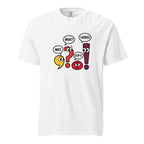 Front view of a white T-shirt with colourful cartoon question marks, exclamation marks, and speech bubbles reading “WHAT?”, “WAIT,” “I AGREE!”, and “STOP IT.”