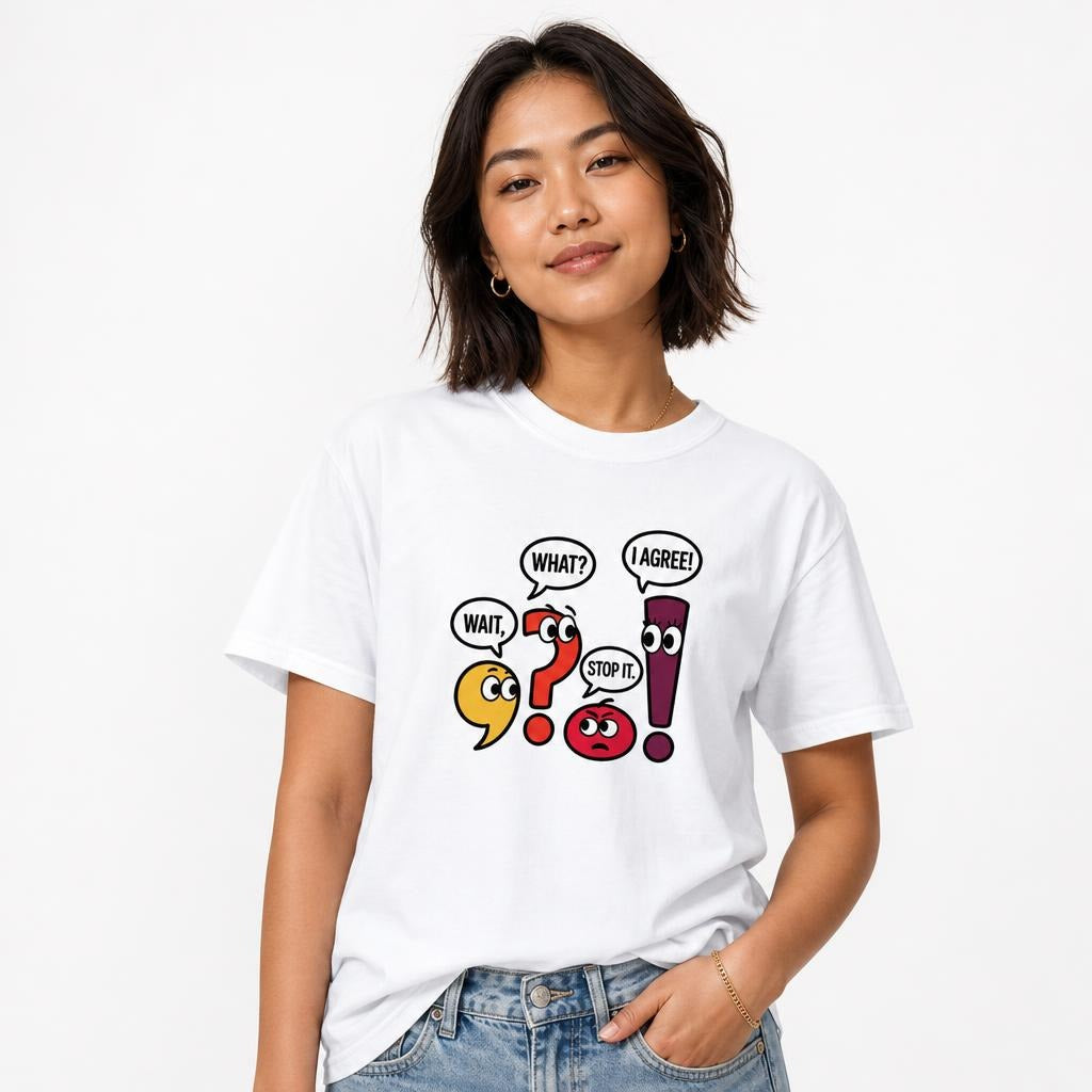 Model wearing a white T-shirt with colourful cartoon question and exclamation marks and speech bubbles reading “WHAT?”, “WAIT,” “I AGREE!”, and “STOP IT.”