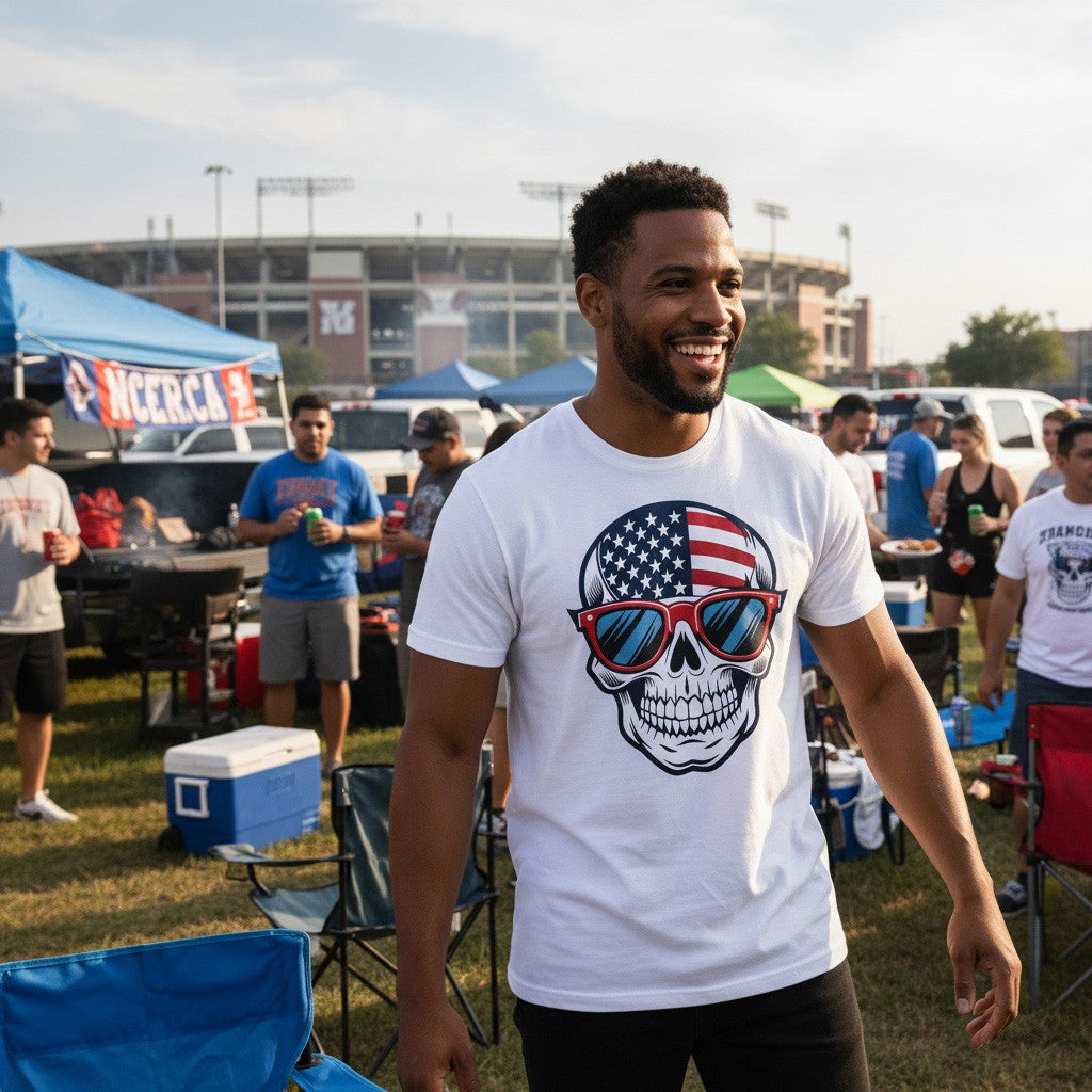 Man wearing a white t-shirt with a skull design featuring an American flag and sunglasses at an outdoor event.