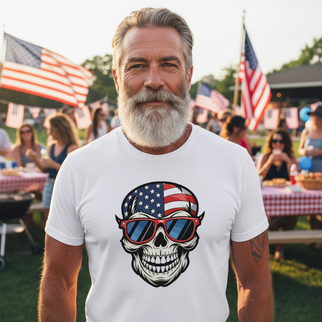 Man wearing a white t-shirt with a skull design featuring an American flag and sunglasses at a outdoor event.