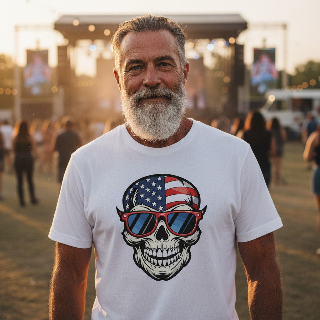 Man wearing a white t-shirt with a skull design featuring an American flag and sunglasses at a concert.