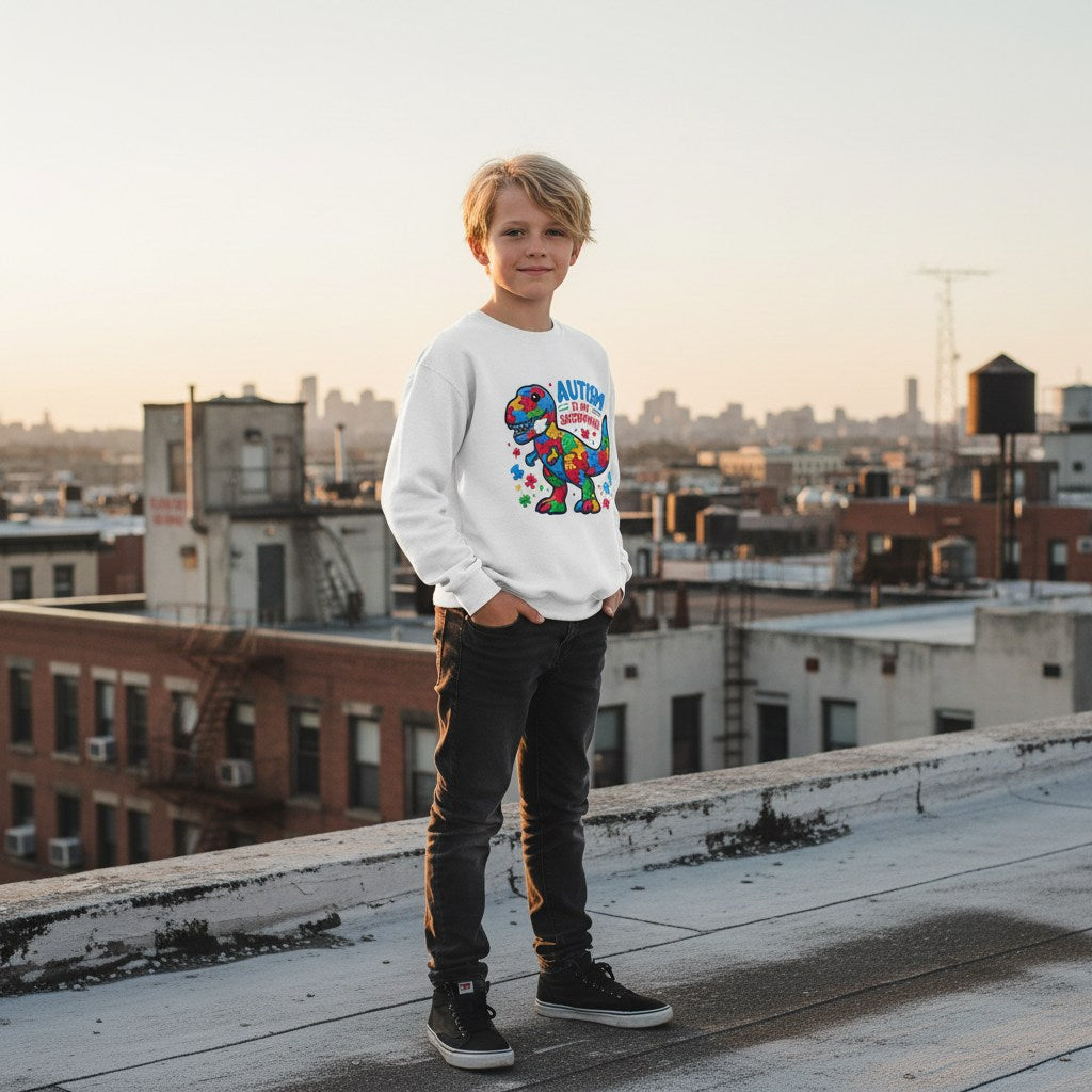White boy wearing a white autism superpower dino sweatshirt.