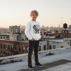 White boy wearing a white autism superpower dino sweatshirt.