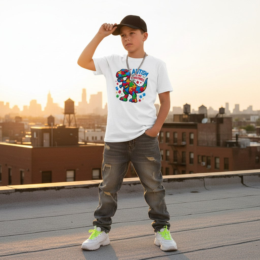 White boy wearing a white autism awareness T-shirt with a T-Rex dinosaur design.