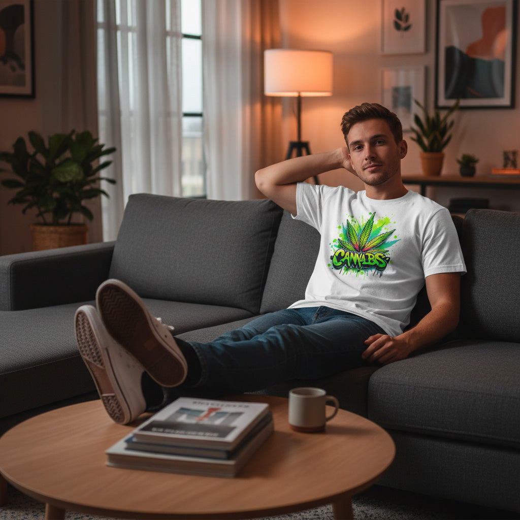 Man sitting on a couch wearing a white t-shirt with a colorful cannabis graphic design, in a living room setting.