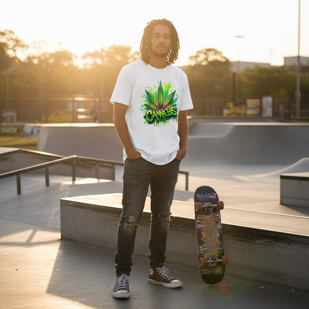 Person holding a skateboard at a skate park with a white t-shirt featuring a cannabis leaf design.