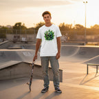 Person holding a skateboard at a skate park wearing a white T-Shirt with a cannabis skull design.