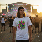 Person wearing a white t-shirt with a colorful cannabis leaf design at a music festival.