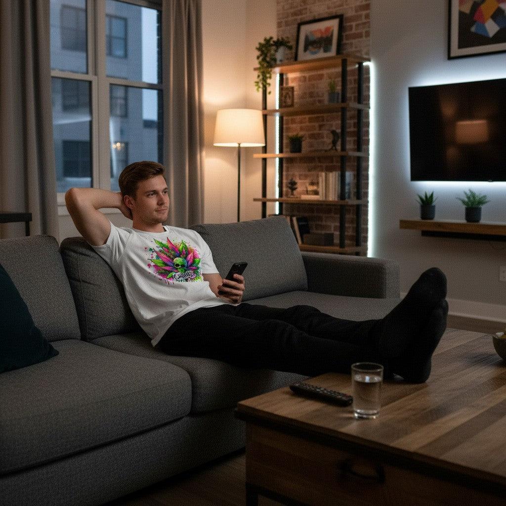 Man sitting on a couch wearing a white t-shirt featuring a cannabis design, in a living room holding a phone, with a glass of water and remote control on the coffee table.