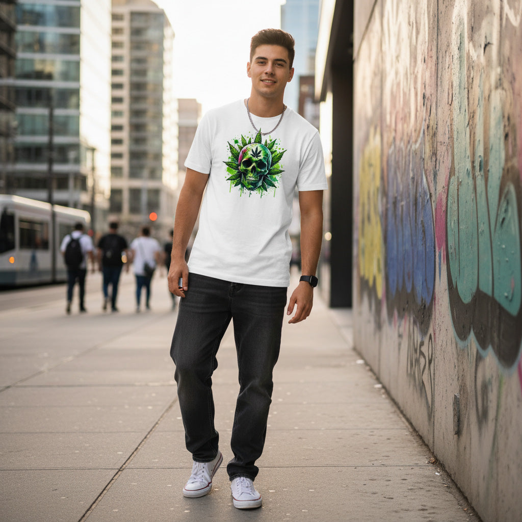 Man wearing a white t-shirt with a cannabis skull design, standing on a city street with graffiti on a wall.