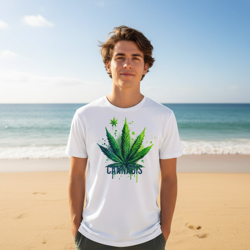 Person wearing a white t-shirt with a cannabis leaf design on a beach