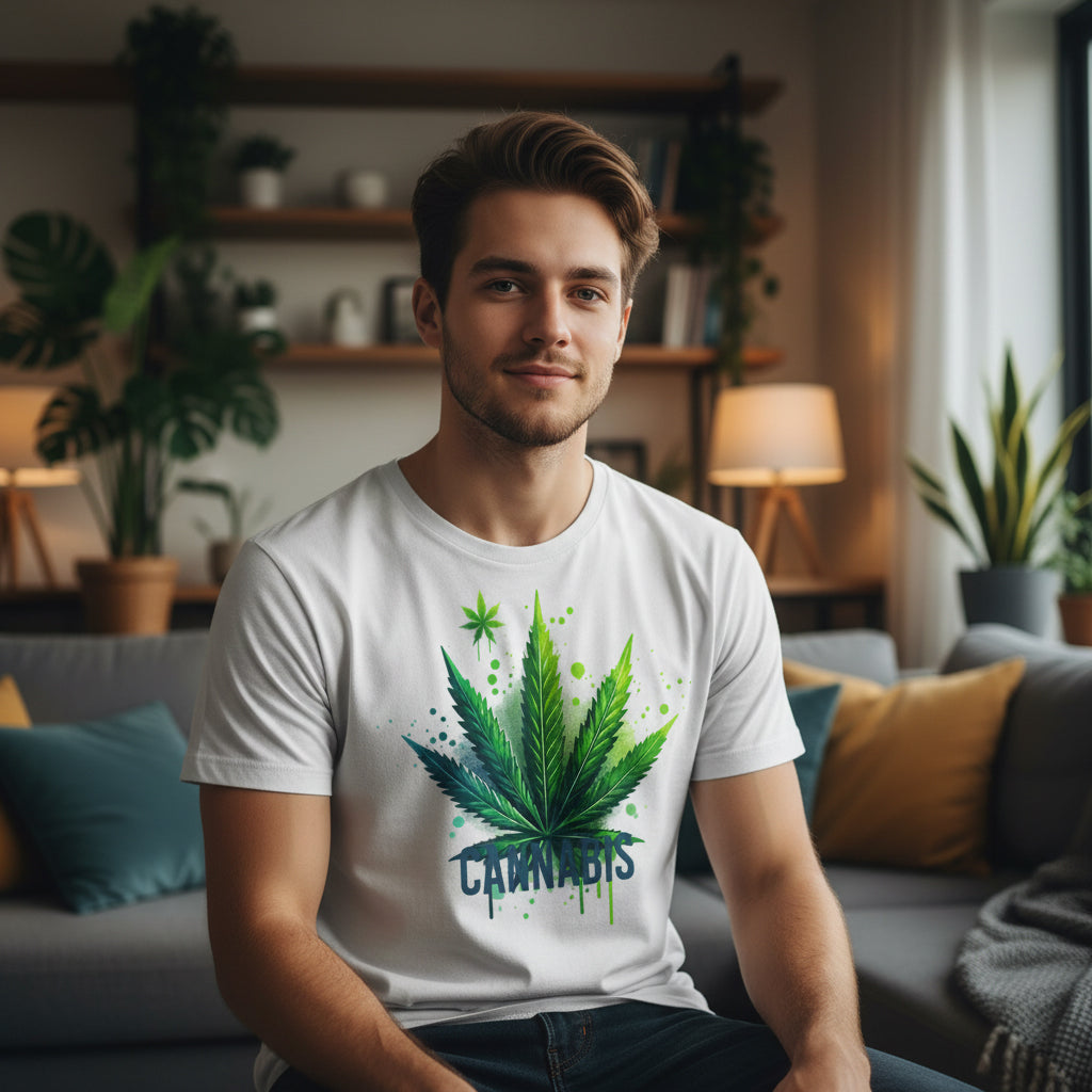 Man wearing a white t-shirt with a cannabis leaf design in a living room.