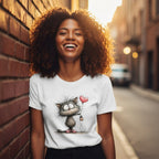 Woman wearing a white t-shirt with a cat graphic, standing against a brick wall on a street.