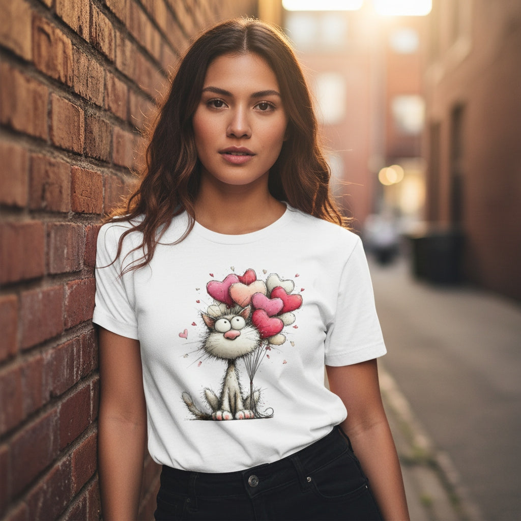 Woman wearing a white t-shirt with a cat and heart balloons design, standing against a brick wall.