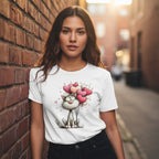 Woman wearing a white t-shirt with a cat and heart balloons design, standing against a brick wall.
