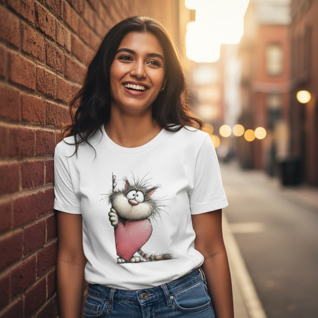 Woman wearing a white t-shirt with a cartoon cat design, standing against a brick wall.