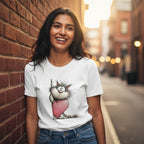 Woman wearing a white t-shirt with a cartoon cat design, standing against a brick wall.