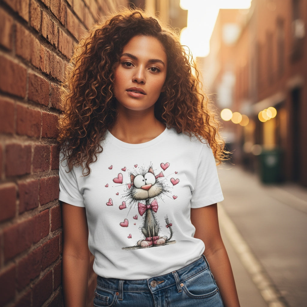 Cat with Pink Bow Tie and Shoes T-Shirt - Valentine's Day Charm & Style by StayClothed.com