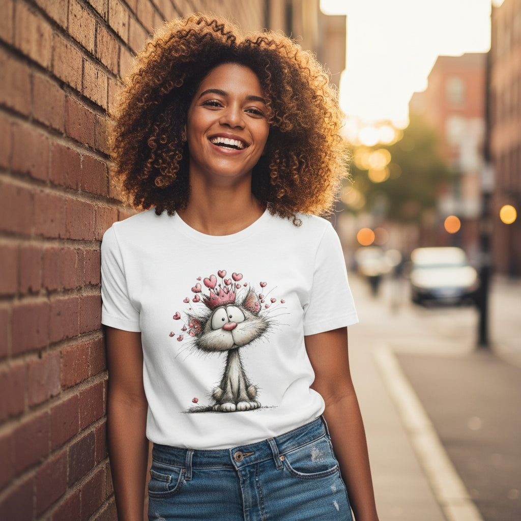 Woman wearing a white t-shirt with a graphic design of a cat and hearts, standing against a brick wall on a city street.