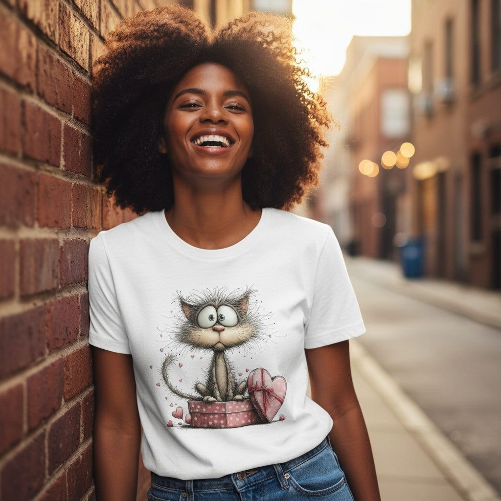 Woman wearing a white t-shirt with a cat graphic, standing against a brick wall on a street.