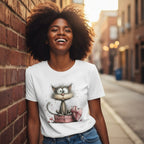 Woman wearing a white t-shirt with a cat graphic, standing against a brick wall on a street.