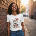 Woman wearing a white t-shirt with a cartoon design, standing against a brick wall.