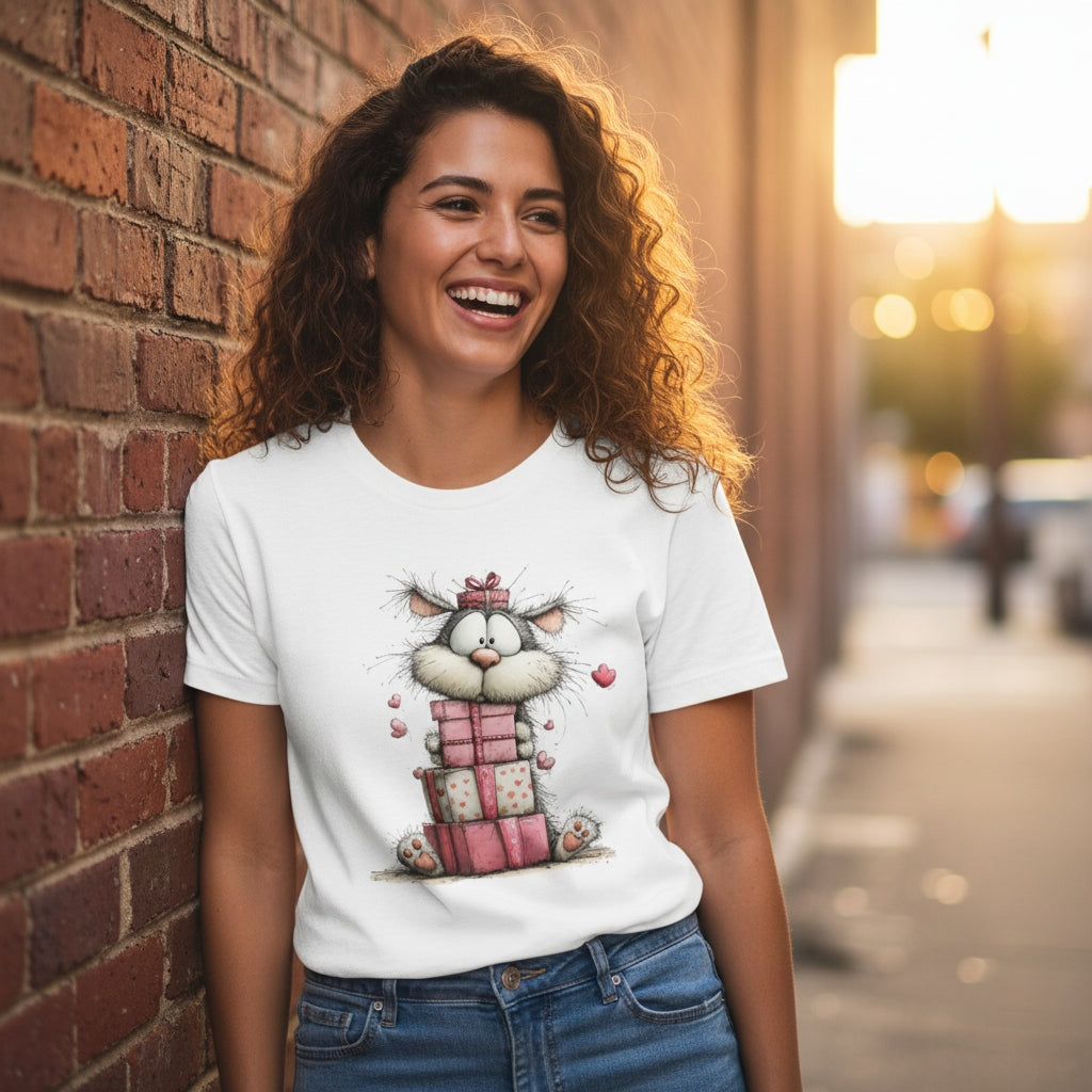 Woman wearing a white t-shirt with a cat graphic, standing against a brick wall.