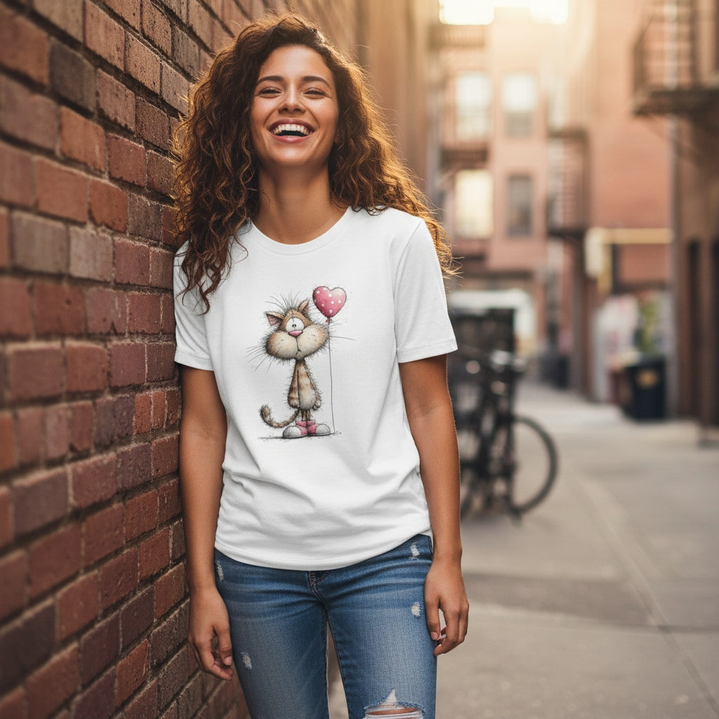 Woman wearing a white t-shirt with a cat graphic, standing against a brick wall on a street.