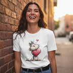 Woman wearing a white t-shirt with a cartoon cat holding a heart against a brick wall.