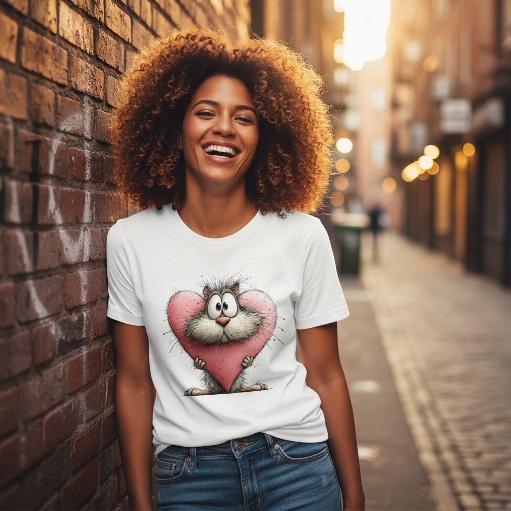 Woman wearing a white t-shirt with a cartoon character design, standing against a brick wall on a street.