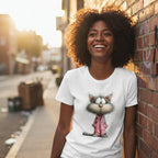 Person wearing a white t-shirt with a cat graphic, standing against a brick wall.