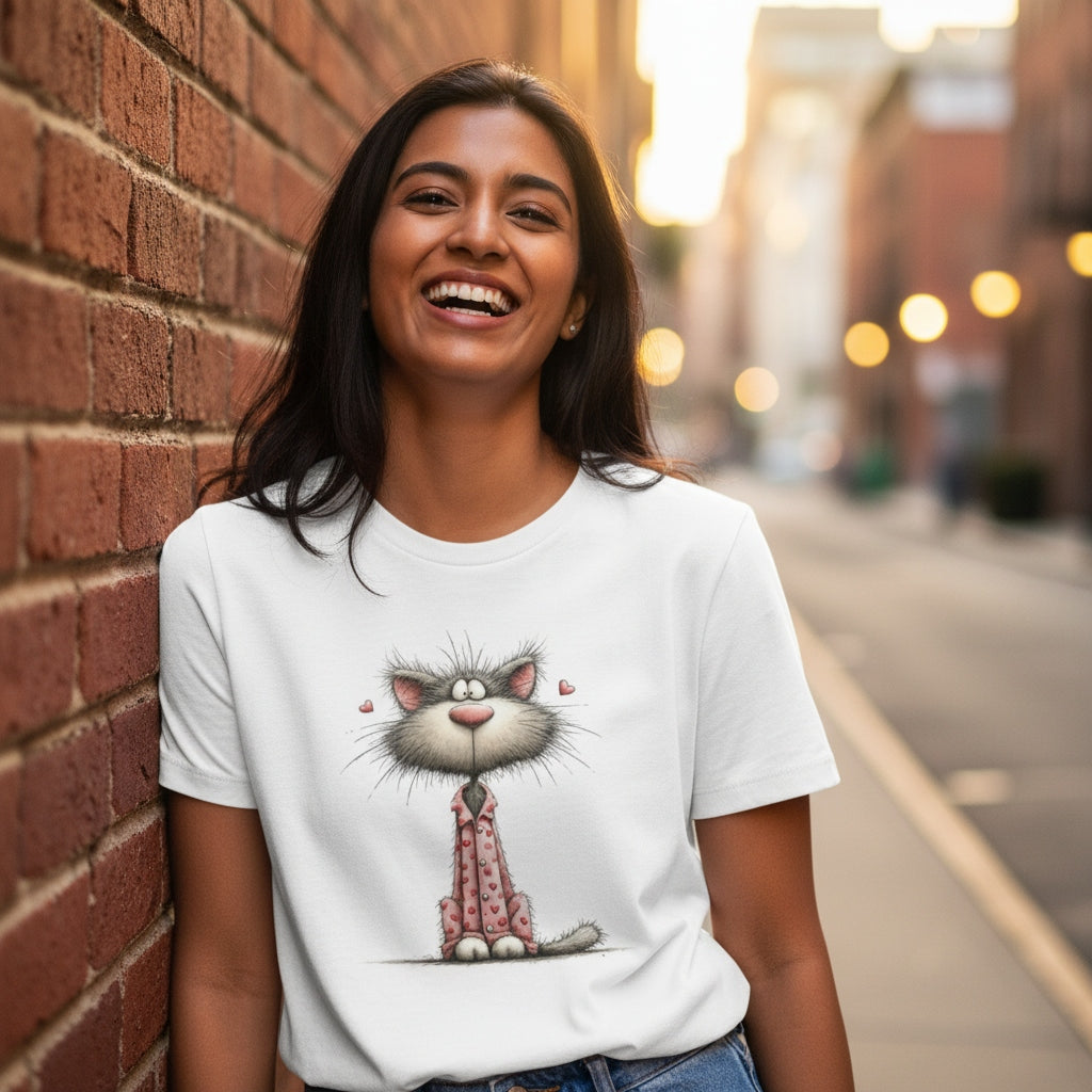 Woman wearing a white t-shirt with a cat graphic, standing against a brick wall on a city street.