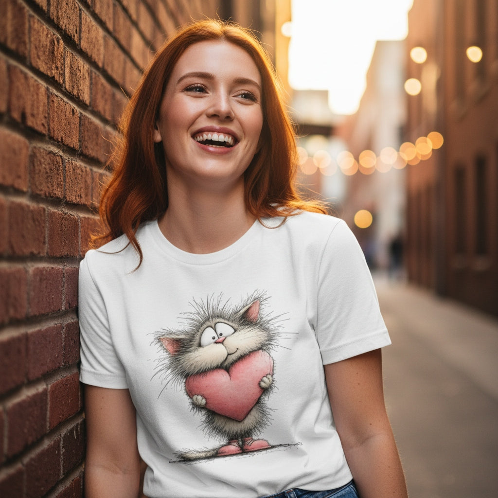 Woman wearing a white t-shirt with a cartoon cat holding a heart design, standing against a brick wall.