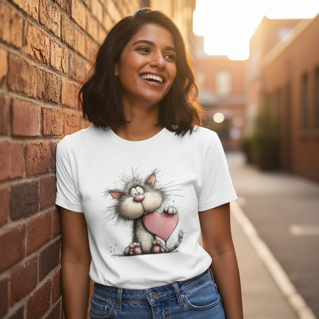 Woman wearing a white t-shirt with a cartoon cat design, standing against a brick wall.
