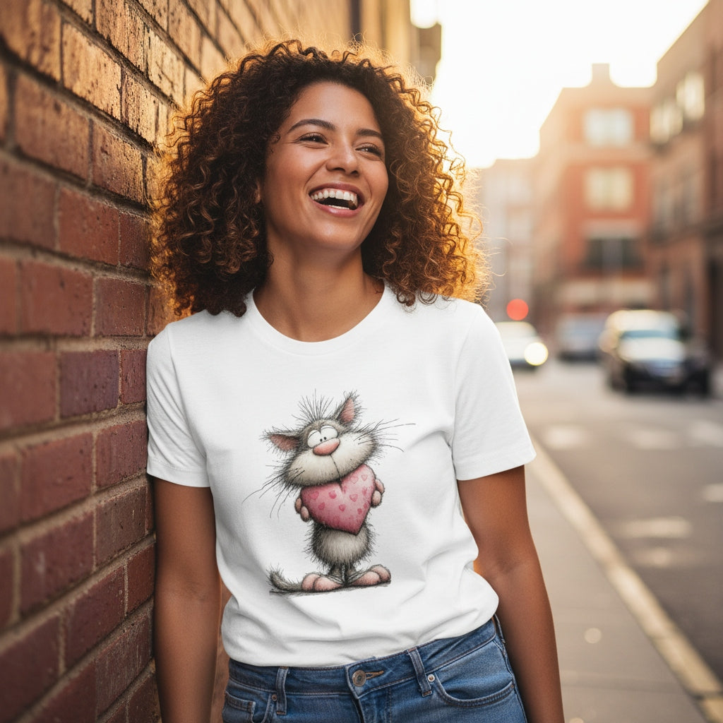 Woman wearing a white t-shirt with a cartoon cat design, standing against a brick wall on a city street.