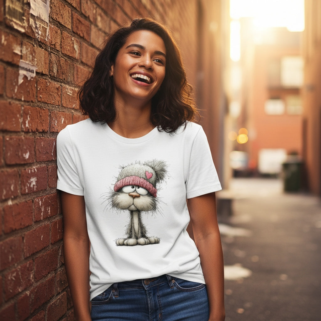 Woman wearing a white t-shirt with a cat graphic, standing against a brick wall.