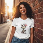 Woman wearing a white t-shirt with a cat graphic, standing against a brick wall on a city street.