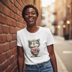 Person wearing a white t-shirt with a cat graphic, standing against a brick wall on a street.