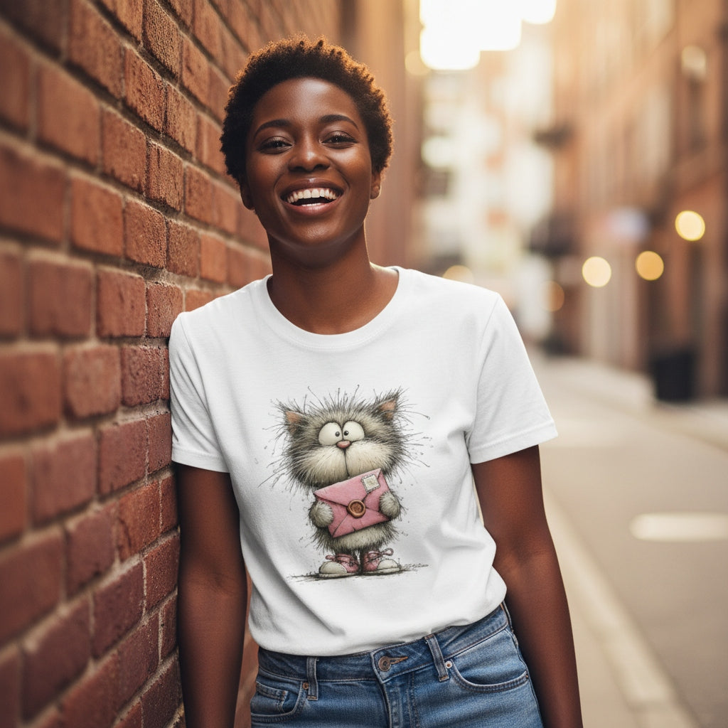 Person wearing a white t-shirt with a cat graphic, standing against a brick wall on a street.