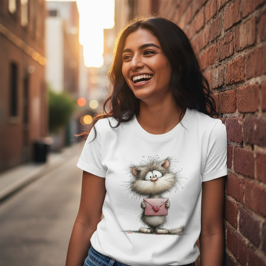 Woman wearing a white t-shirt with a cartoon cat design, standing against a brick wall in an urban setting.