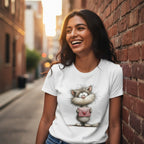 Woman wearing a white t-shirt with a cartoon cat design, standing against a brick wall in an urban setting.