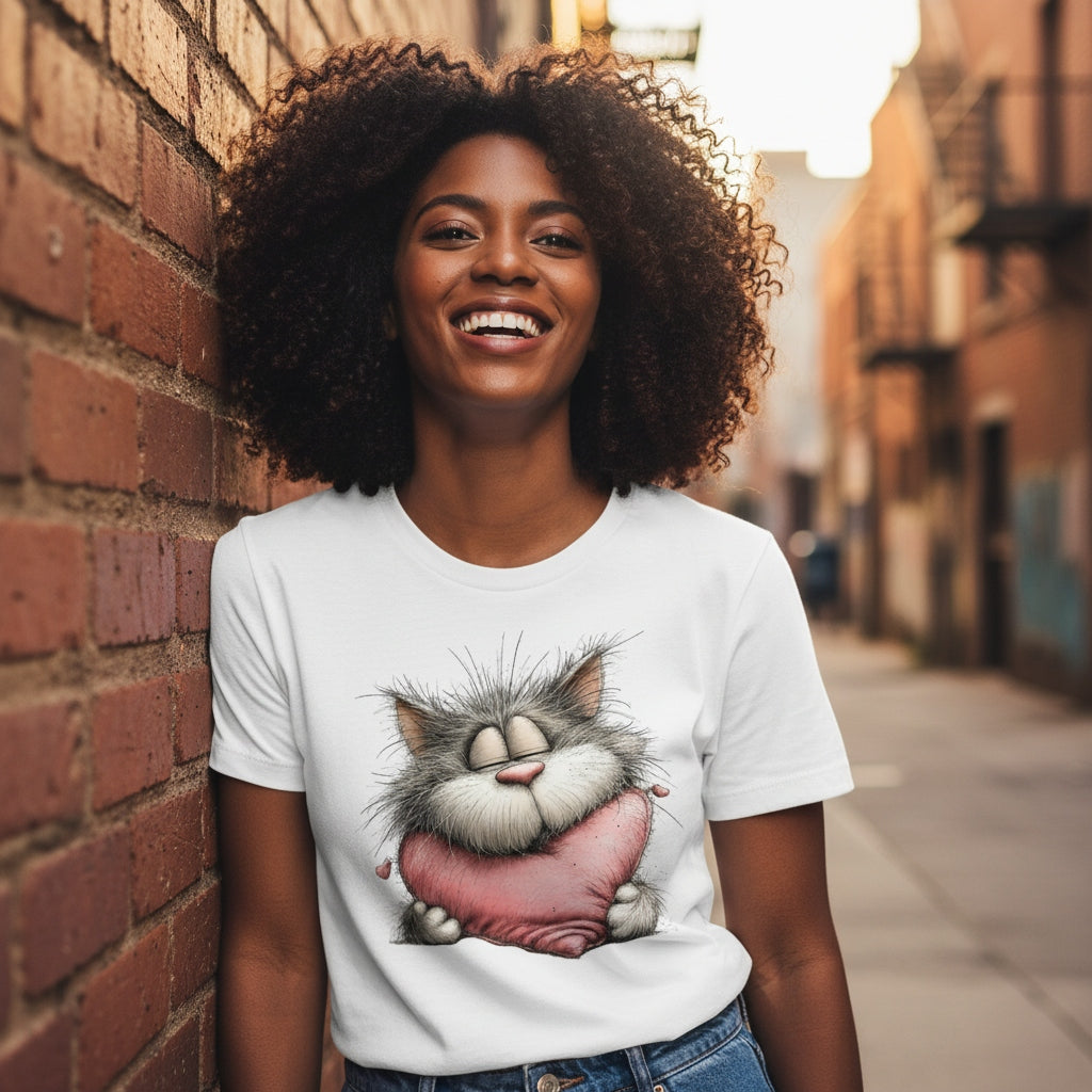 Woman wearing a white t-shirt with a cat graphic, standing against a brick wall.