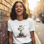 Woman wearing a white t-shirt with a cat graphic, standing against a brick wall.