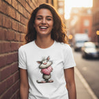 Woman wearing a white t-shirt with a cartoon cat design, standing against a brick wall.