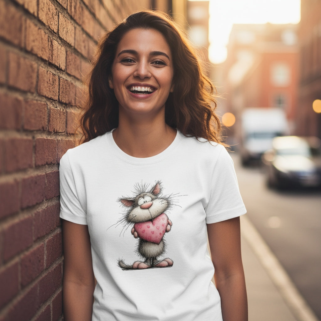 Woman wearing a white t-shirt with a cartoon cat design, standing against a brick wall.
